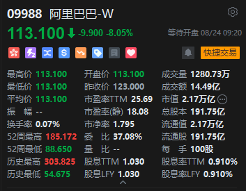 阿里巴巴低开逾8%	，800亿港元配股与Burry清仓双重施压