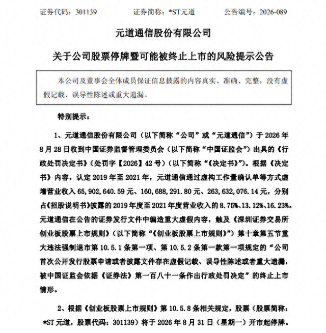 *ST元道	，或被强制退市！下周一停牌